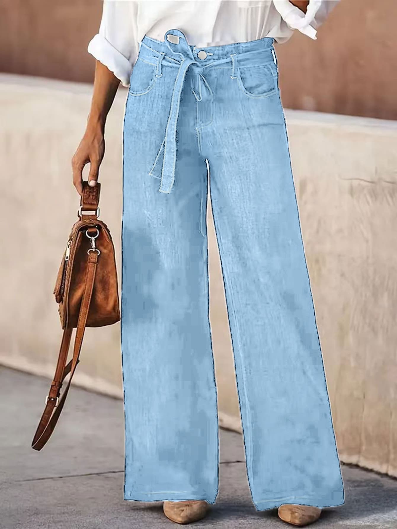Women's High-Waist Wide-Leg Denim Pants — Tie Belt, Light Blue 3
