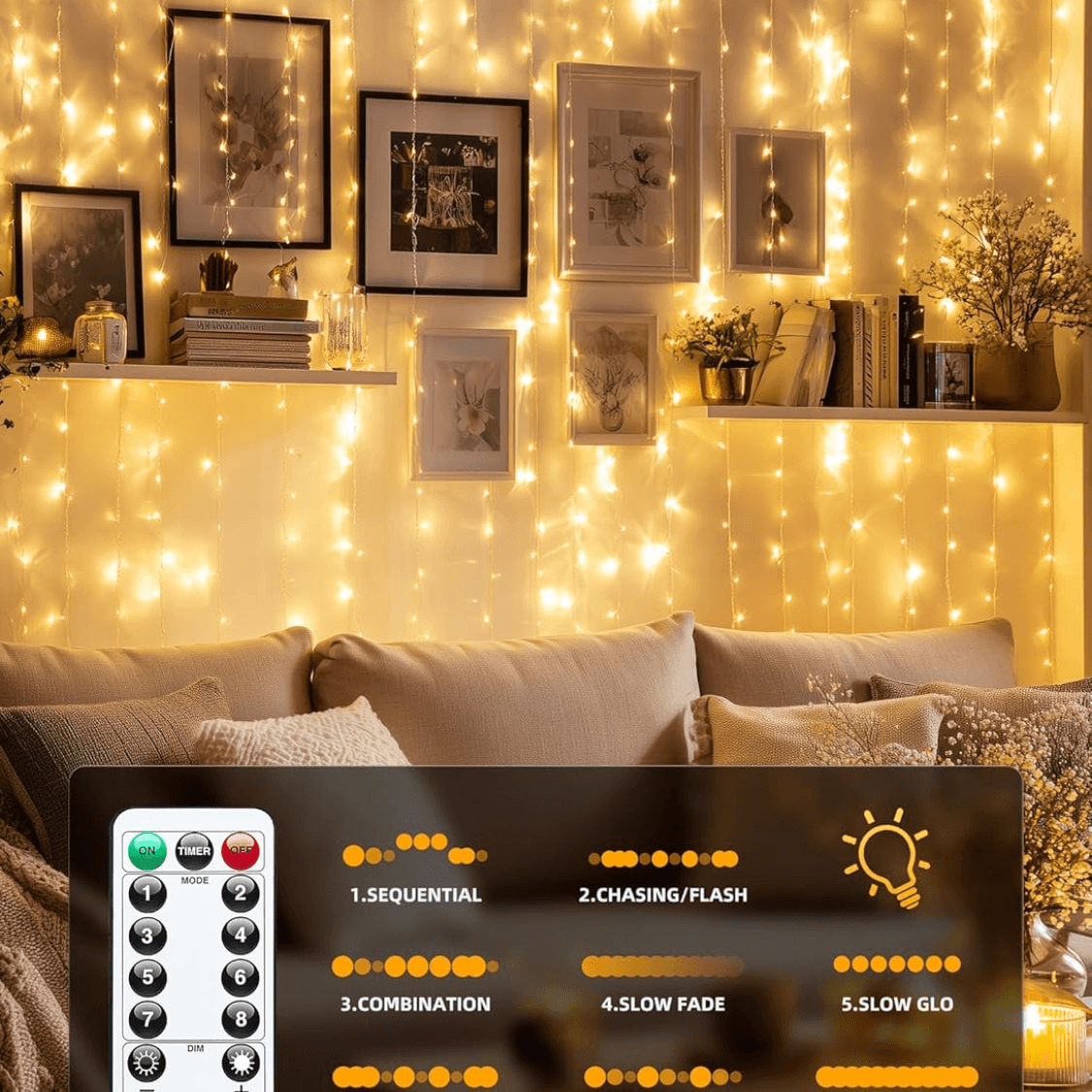 300 LED Warm White Fairy Curtain Lights — USB, 8 Modes 5
