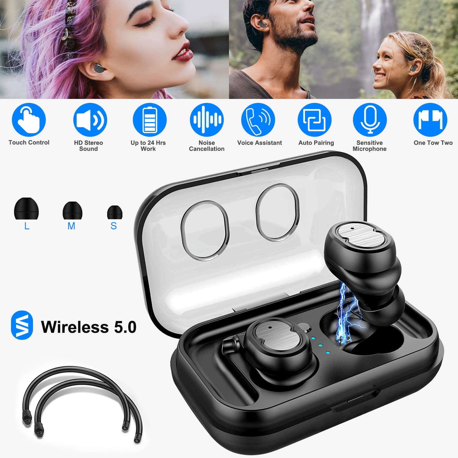 TWS Wireless Earbuds (BT 5.0, IPX4, Noise-Cancelling, Mic) 3