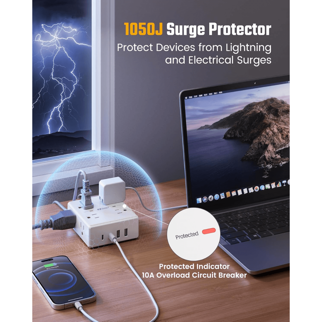 10ft Surge Protector Power Strip — 8 Outlets, 4 USB, Flat Plug 4