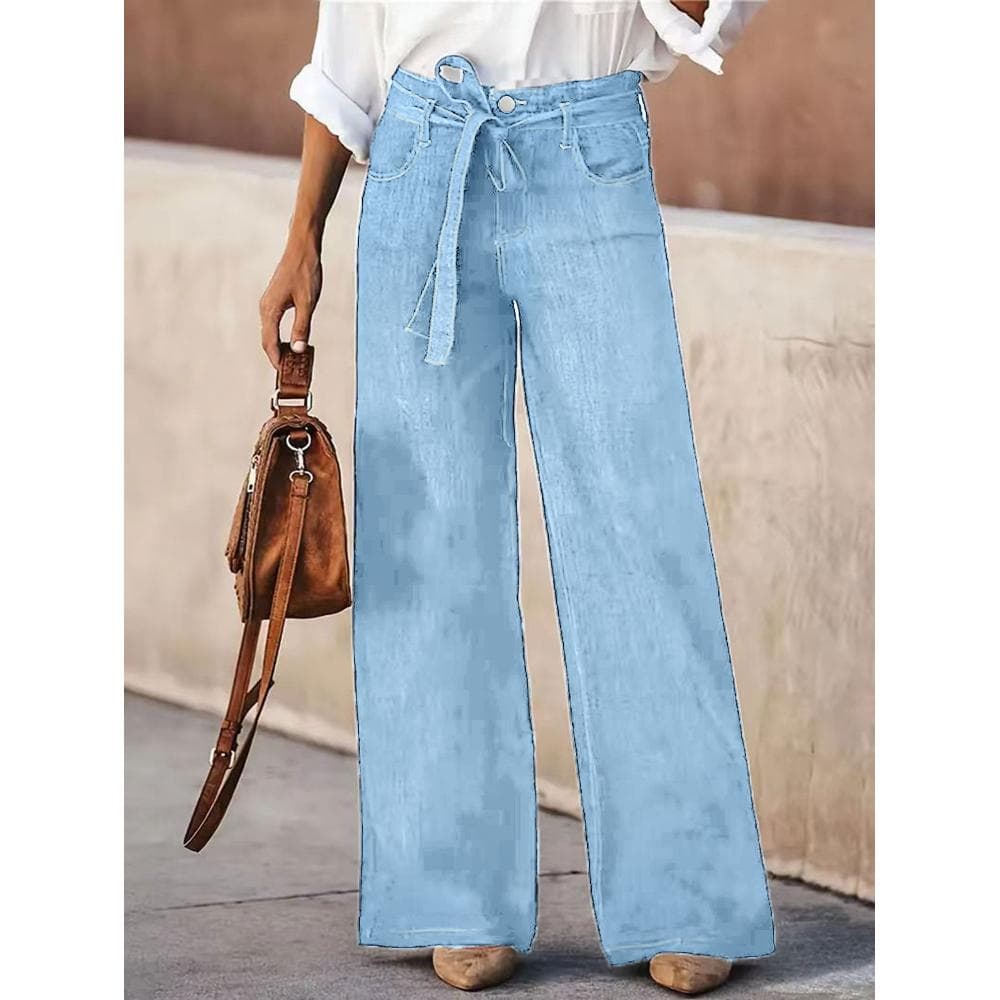 Women's High-Waist Wide-Leg Denim Pants — Tie Belt, Light Blue