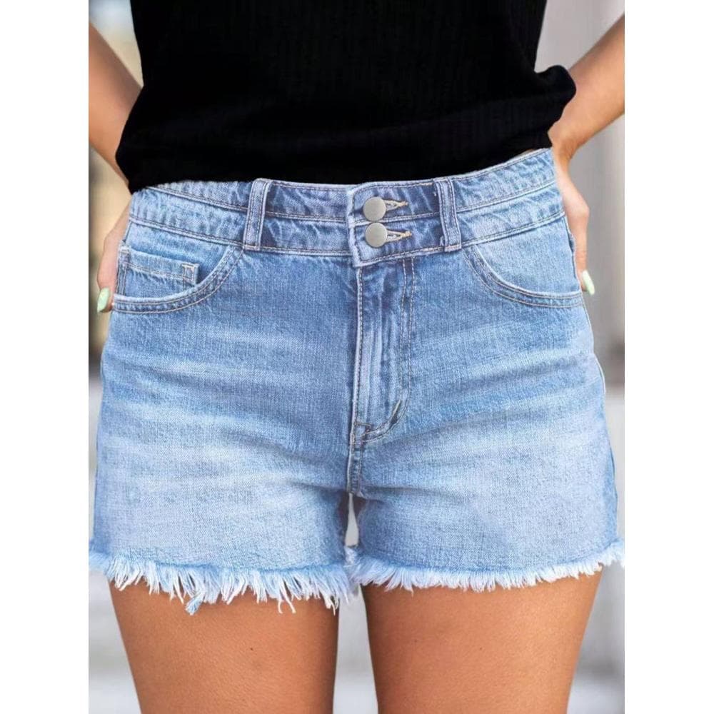 Women's High-Waist Denim Shorts — Light Wash, Raw Hem Fringe
