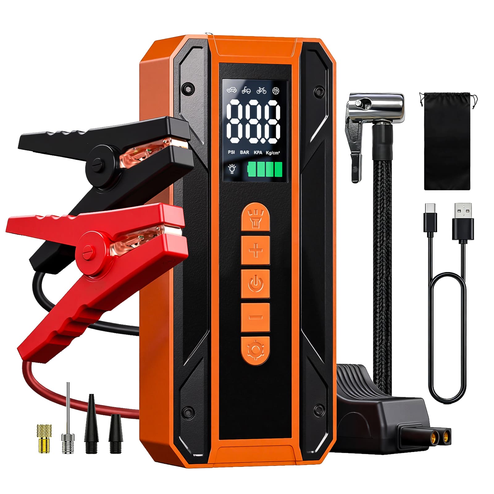 Portable Car Jump Starter + 150PSI Tire Inflator (12V, LCD)