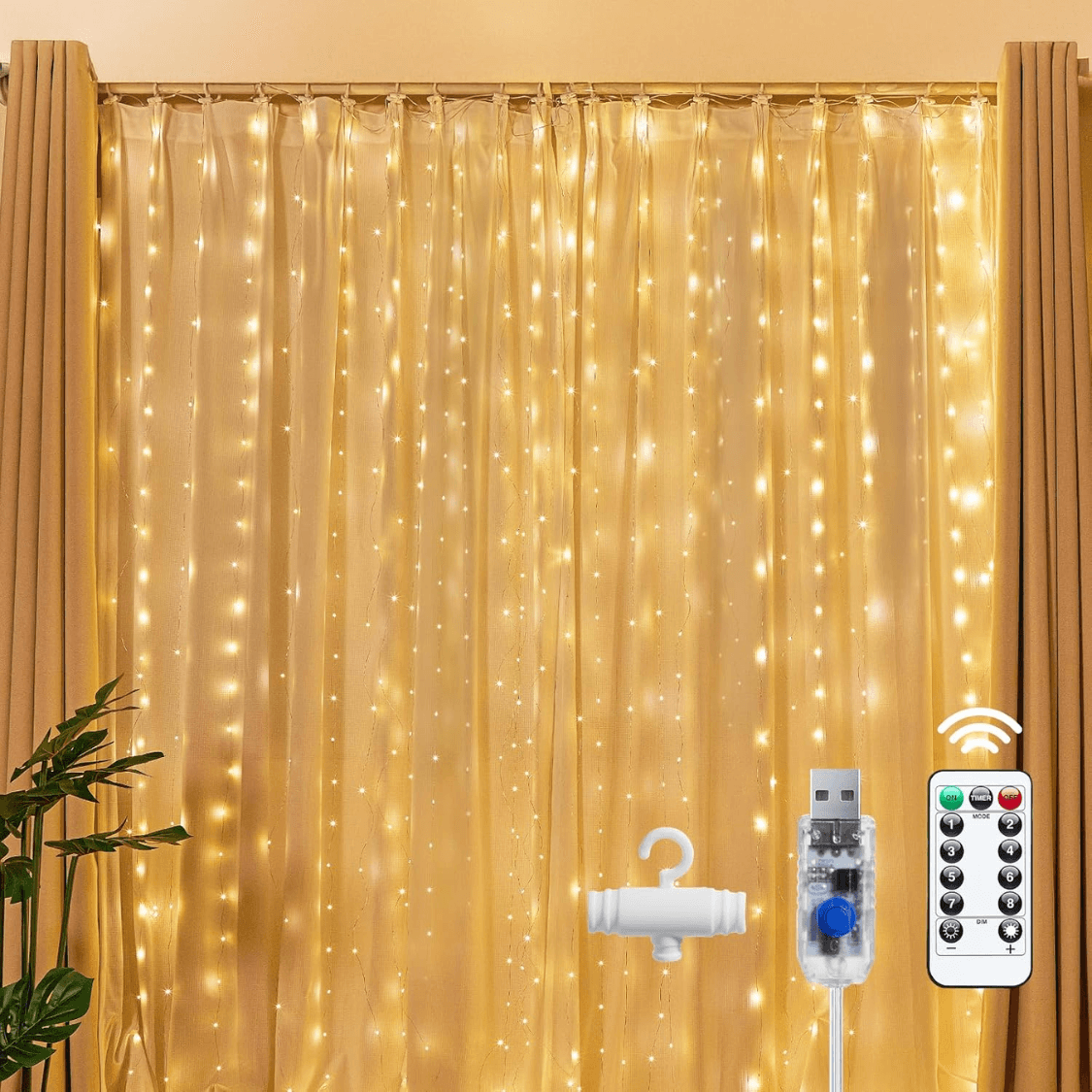 300 LED Warm White Fairy Curtain Lights — USB, 8 Modes